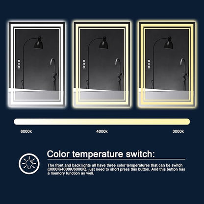 60 x 36 Inch LED Bathroom Mirror with Lights, Large Led Vanity Mirror,Backlit and Front Lighted Bathroom Mirror for Wall,Anti-Fog, 3 Colors Dimmable, Memory,ETL Listed