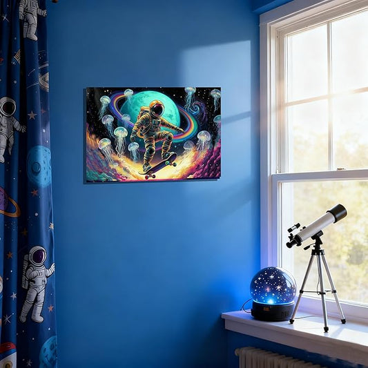 16x24 Framed Space Astronaut Skateboard Canvas Wall Art Colorful Galaxy Print with Jellyfish Rainbow Cosmic Tenn Boy Room Fantasy Decor Kids Bedroom Funny Earth Poster Child Study Room Office Picture