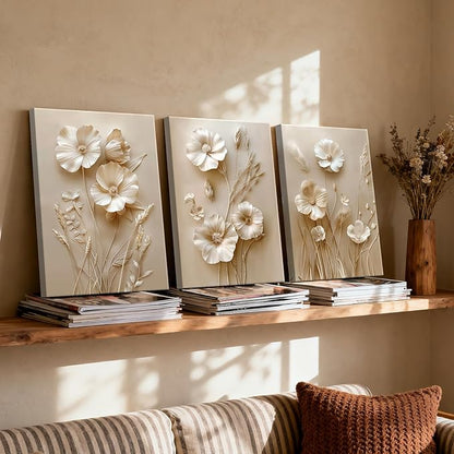 WENGTIAO 3Pcs Beige Flower Canvas Wall Art Prints Neutral Floral Plant Wall Painting Minimalist Botanical Blossom Poster Picture Vintage Artwork Home Decor for Living Room Bedroom Office 12”x16”x3Pcs
