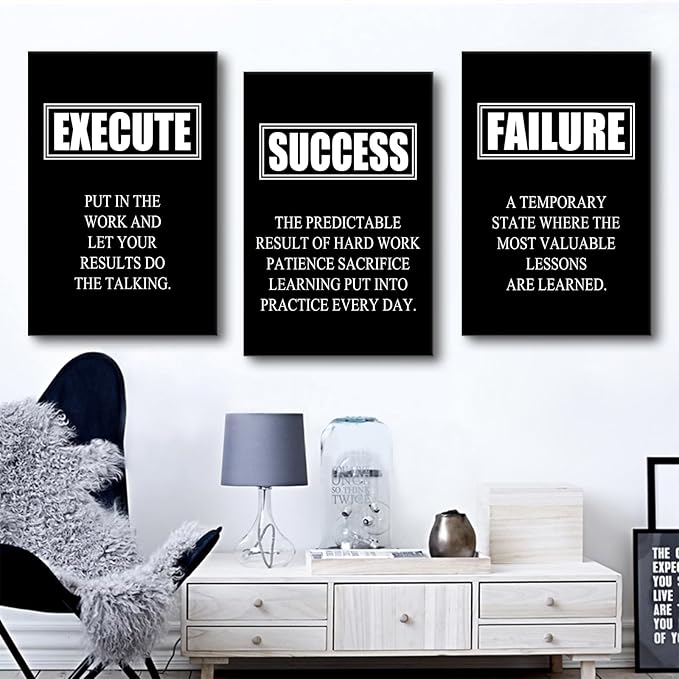 Inspirational Wall Art Success Quote Canvas Painting Motivational Decor Execute Failure Definition Picture 3 Pieces Black Positive Poster Prints Framed Artwork for Living Room Office [48''W x 24''H]