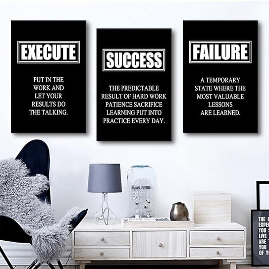 Inspirational Wall Art Success Quote Canvas Painting Motivational Decor Execute Failure Definition Picture 3 Pieces Black Positive Poster Prints Framed Artwork for Living Room Office [48''W x 24''H]