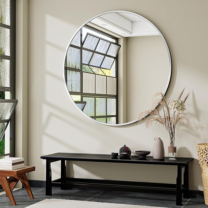 VooBang Black Round Bathroom Mirror, 42 inch Large Circle Wall Mounted Hanging Mirror with Simple Modern Circular Metal Frame for Hallway, Entryway, Living Room, Silver Frame