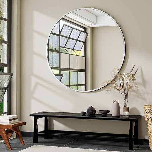 VooBang Black Round Bathroom Mirror, 42 inch Large Circle Wall Mounted Hanging Mirror with Simple Modern Circular Metal Frame for Hallway, Entryway, Living Room, Silver Frame