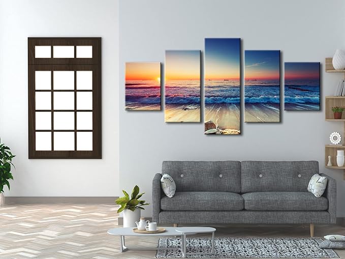 Pyradecor 5 Piece Large Modern Seascape Artwork Gallery Wrapped Ocean Sea Beach Pictures Canvas Prints Waves Paintings on Canvas Wall Art for Living Room Bedroom Home Decorations L