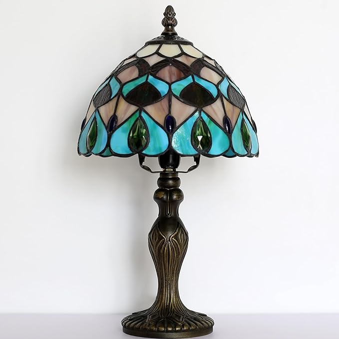 Tiffany Style Lamp Stained Glass Table Lamp 8" x 14.5" Mini Accent Light Blue Phoenix Tail Design Small Decorative Bedside Memory Lamp