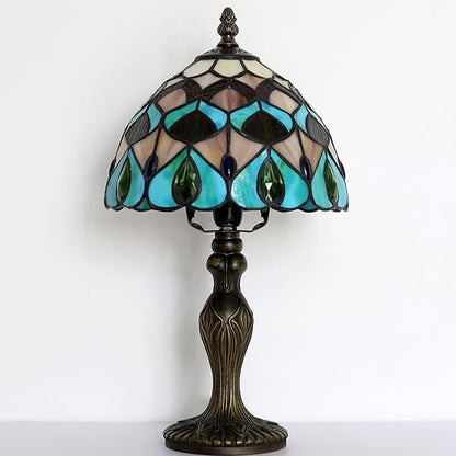 Tiffany Style Lamp Stained Glass Table Lamp 8" x 14.5" Mini Accent Light Blue Phoenix Tail Design Small Decorative Bedside Memory Lamp