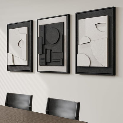 3D Textured Framed Black and White Abstract Wall Art for Bedroom, 3 Piece Modern Paintings Artwork for Walls, Minimalist Black White Geometric Pictures for Living Room, Dining Room Wall Decor 16x24 In