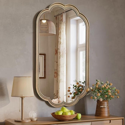 Scalloped Mirror for Bathroom, 20" x 36" Antique Wide Brass Mirror, Vintage Gold Mirrors with Beaded for Over Sink, Bedroom, Living Room, Fireplace, Entryway, Hangs Horizontally or Vertically