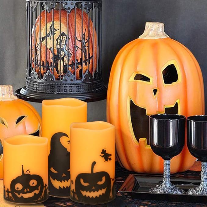 Pumpkin Flameless Candles Battery Operated with 6 Hour Timer, Set of 3 Real Wax LED Flickering Pillar Candles Spooky Halloween Decor Candle(3 x 4, 5, 6 Inches)