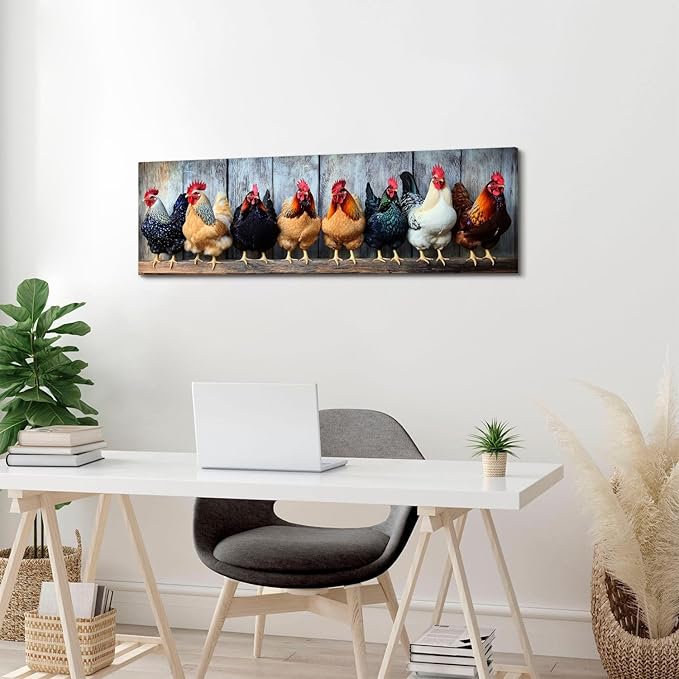 Large Farm Chicken Wall Art Rooster Kitchen Wall Decor Rustic Farmhouse Coop Picture Canvas Prints for Dining Room Decorations Colorful Country Animal Poster Painting Artwork Cabin Home Decor 14x48”