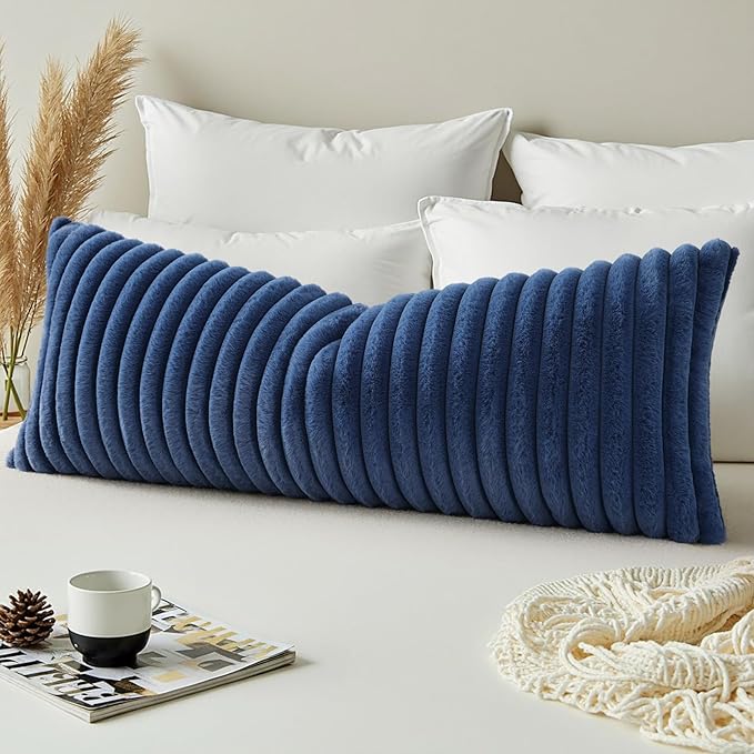 decorUhome Cozy Faux Fur Throw Pillow Covers 14x36 Set of 1 Decorative Soft Plush Striped Lumbar Modern Farmhouse Boho Couch Pillow Cases with Velvet Back for Sofa Bed Living Room, Navy Blue