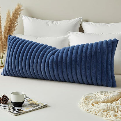 decorUhome Cozy Faux Fur Throw Pillow Covers 14x36 Set of 1 Decorative Soft Plush Striped Lumbar Modern Farmhouse Boho Couch Pillow Cases with Velvet Back for Sofa Bed Living Room, Navy Blue