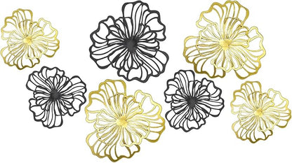 7 Piece Metal Wall Decor for Living Room, Boho Double Layered Iron Flower Wall Hanging Art, Aesthetic Indoor Metal Wall Sculpture Decor for Bedroom Kitchen Bathroom Farmhouse Home Office, Gold-Black