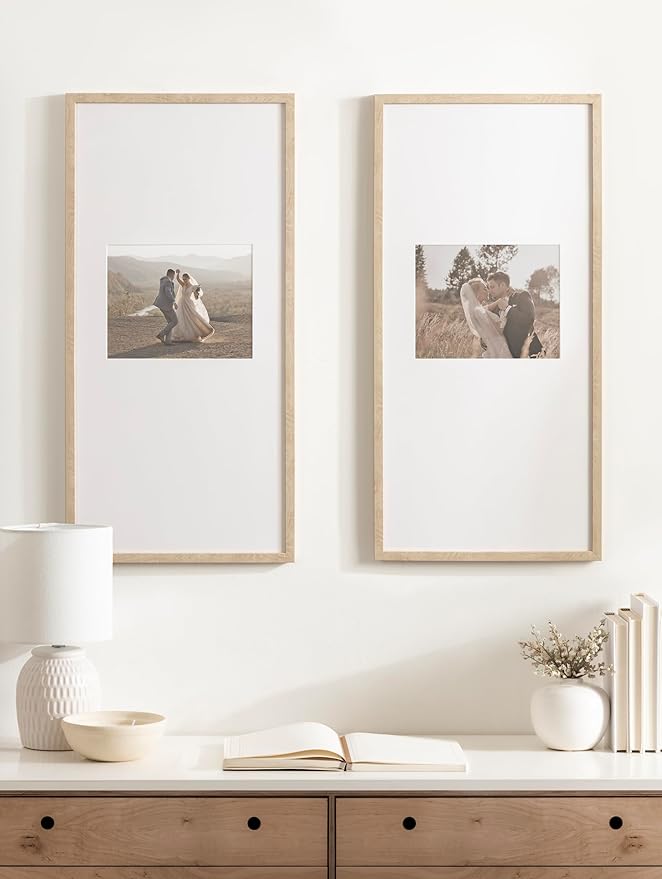 Kate and Laurel Gallery Rectangular Panel Picture Frame Set of 2, 14 x 30 matted to 8 x 10, Light Natural, Modern Tall Two-Piece Photo Frame Set for Gallery Wall Decor in Living Room Wall Display