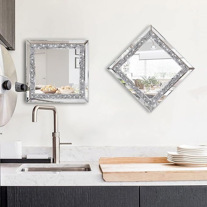 ZOLAPI 2PCS Crystal Rhinestone Diamond Wall Mirror.Brilliant Hand-Spliced Glass Mirror.Accent Decorative Mirror for Hallway/Bathroom/Bedroom（12”x12”）