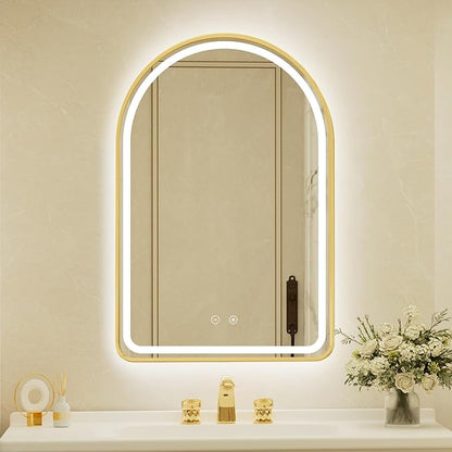 26x40 Inch Arched Gold Aluminum Frame LED Bathroom Mirror with Lights, Lighted Vanity Mirror for Wall,Tempered Glass,Anti-Fog, Stepless Dimmable, 3 Color Temperature Vanity Mirror