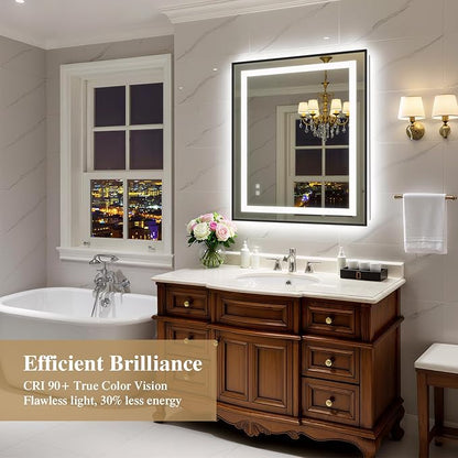 30X36 Inch LED Bathroom Mirror with Lights, Black Frame Frontlit+ Backlit Bathroom Vanity Mirror for Wall, Ultra-Clear Tempered Glass, Shatter-Proof, Anti-Fog and Memory Function, ETL Listed