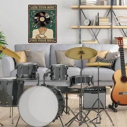 Lose Your Mind Find Your Soul Metal Tin Sign Coffee Music Wall Art Vintage Retro Decor For Cafe Bar Vinyl Records Rustic Metal Plaque 12x16inch
