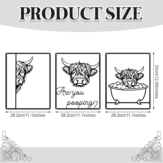 Otoolling 3 Pieces Metal Minimalist Line Kitchen Signs Wall Decor Drawing Rustic Bathroom Wall Art for Dining Living Room Bathroom Home, 14 x 11 Inches(Highland Cow,Black)
