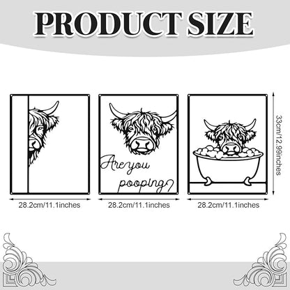 Otoolling 3 Pieces Metal Minimalist Line Kitchen Signs Wall Decor Drawing Rustic Bathroom Wall Art for Dining Living Room Bathroom Home, 14 x 11 Inches(Highland Cow,Black)