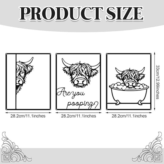 Otoolling 3 Pieces Metal Minimalist Line Kitchen Signs Wall Decor Drawing Rustic Bathroom Wall Art for Dining Living Room Bathroom Home, 14 x 11 Inches(Highland Cow,Black)