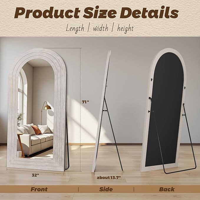 Antok Full Length Mirror with Solid Wood Frame, 71"×32" Wall Mounted Oversized Floor Mirror with Stand, Leaning Standing Hanging for Bedroom Living Room Entryway, White, Arched Syle
