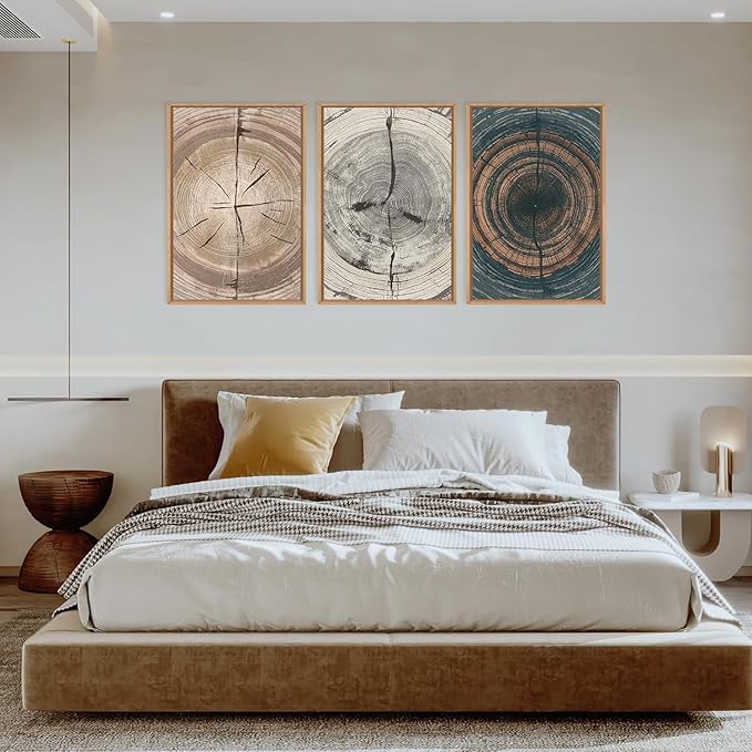 Vintage Beige Tan Tree Ring Framed Canvas Wall Art Set,Modern Neutral Gray Wood Stump Wall Decor,Rustic Wooden Tree Spiral Artwork for Living Room,Bedroom,Farmhouse-16 x24 x3