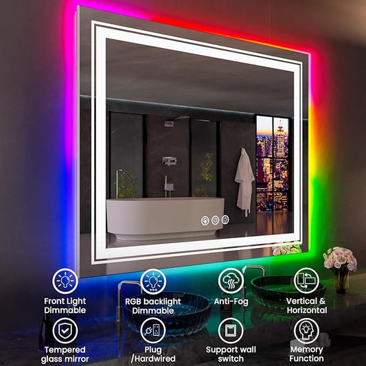Snowdool LED Mirror for Bathroom, 72"X36" with 8 RGB Backlit +3 Front Lit (Adjustable Individually), Anti-Fog, Large Lighted Bathroom Vanity Mirror for Wall,Shatterproof,Memory Function,Tempered Glass