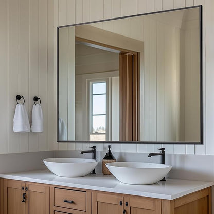 Antok 48x36 Black Metal Framed Bathroom Mirror, Wall Mirror with Round Corners, Vanity Mirror for Over Sink, Anti-Rust Tempered Glass, Horizontal/Vertical Hanging for Bathroom, Living Room, Entryway