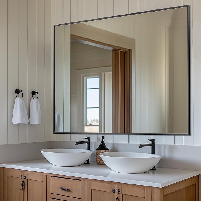 Antok 48x30 Black Metal Framed Bathroom Mirror, Wall Mirror with Rect Corners, Vanity Mirror for Over Sink, Anti-Rust Tempered Glass, Horizontal/Vertical Hanging for Bathroom, Living Room, Entryway