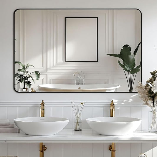 Antok 60x30 Black Metal Framed Bathroom Mirror, Wall Mirror with Round Corners, Vanity Mirror for Over Sink, Anti-Rust Tempered Glass, Horizontal/Vertical Hanging for Bathroom, Living Room, Entryway
