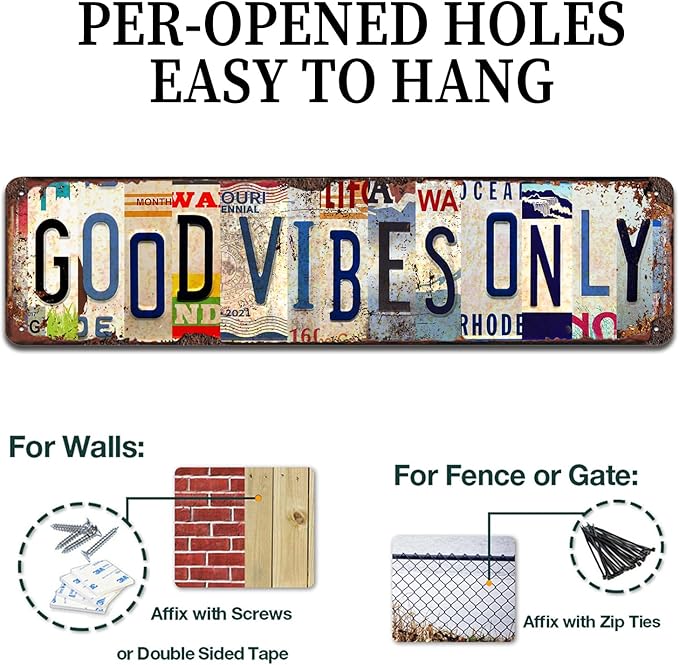 Good Vibes Only Rustic Metal Tin Sign - Vintage Inspirational Wall Art for Home, Office, Yoga Room, Farmhouse Décor - 4x16 Inch