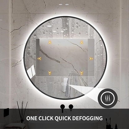 Round LED Bathroom Mirror with Gold Frame, 24V Backlight, 3 Color Temperatures, Dimmable, Memory Function, Defogging (Black Border, 28" L x 28" W)