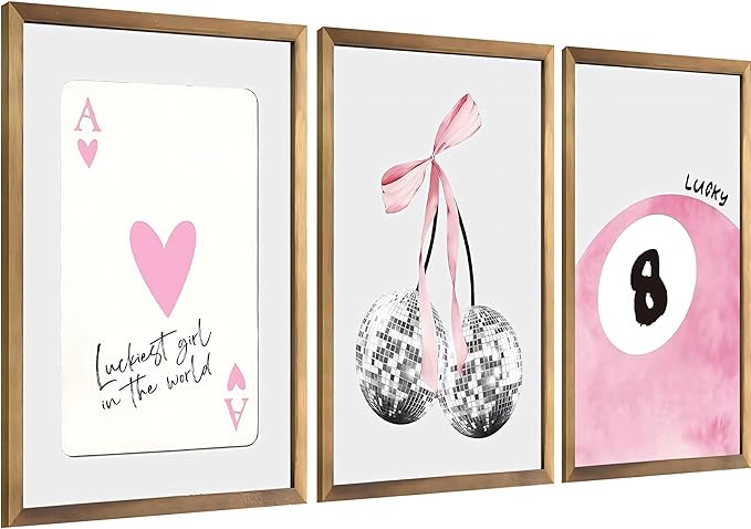 JBZZD Pink Coquette Canvas Wall Art Set of 3 Trendy Preppy Disco 8 Ball Cherry Wall Decor Posters Room Decor Prints Pictures for College Apartment Girls Bedroom Living Room Unframed 16x24 In