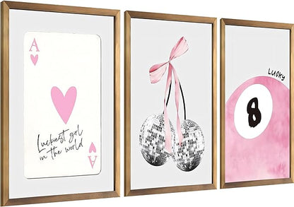 JBZZD Pink Coquette Canvas Wall Art Set of 3 Trendy Preppy Disco 8 Ball Cherry Wall Decor Posters Room Decor Prints Pictures for College Apartment Girls Bedroom Living Room Unframed 16x24 In