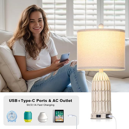 Cinkeda Farmhouse Table Lamps Set of 2, 3-Way Dimmable Touch Lamp for Bedroom Nightstand with USB A+C Ports & AC Outlet, White Vintage Boho Bedside Lamp for Living Room End Table (Bulbs Included)