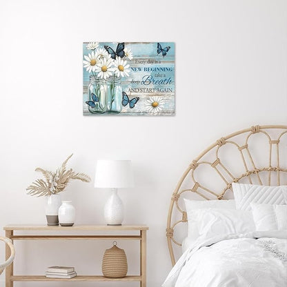 LB Rustic Daisy Butterfly Wall Art Every Day is a New Beginning Inspirational Quote Canvas Wall Art Farmhouse Floral Wall Decor for Bedroom Living Room Bathroom Framed Ready to Hang 16L x 20W