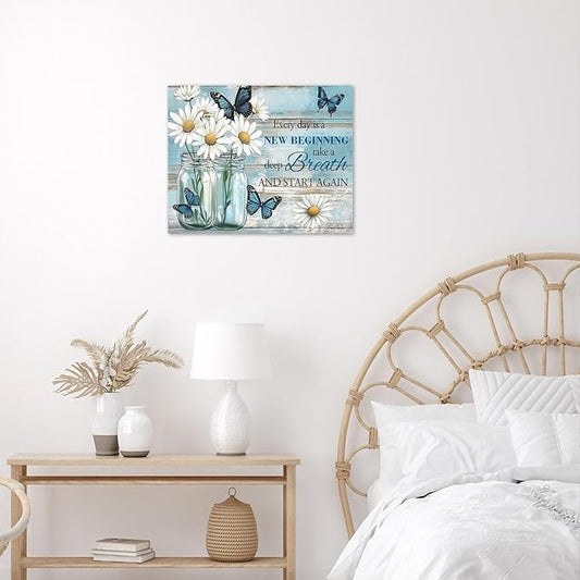 LB Rustic Daisy Butterfly Wall Art Every Day is a New Beginning Inspirational Quote Canvas Wall Art Farmhouse Floral Wall Decor for Bedroom Living Room Bathroom Framed Ready to Hang 16L x 20W