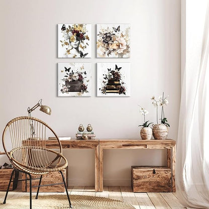 Butterfly Wall Art Black White and Gold Wall Decor Women Bedroom Decor Glam Fashion Pictures Watercolor Flowers Posters Handbag Perfume Paintings Modern Artwork Home Decorations 12x12” 4Pcs