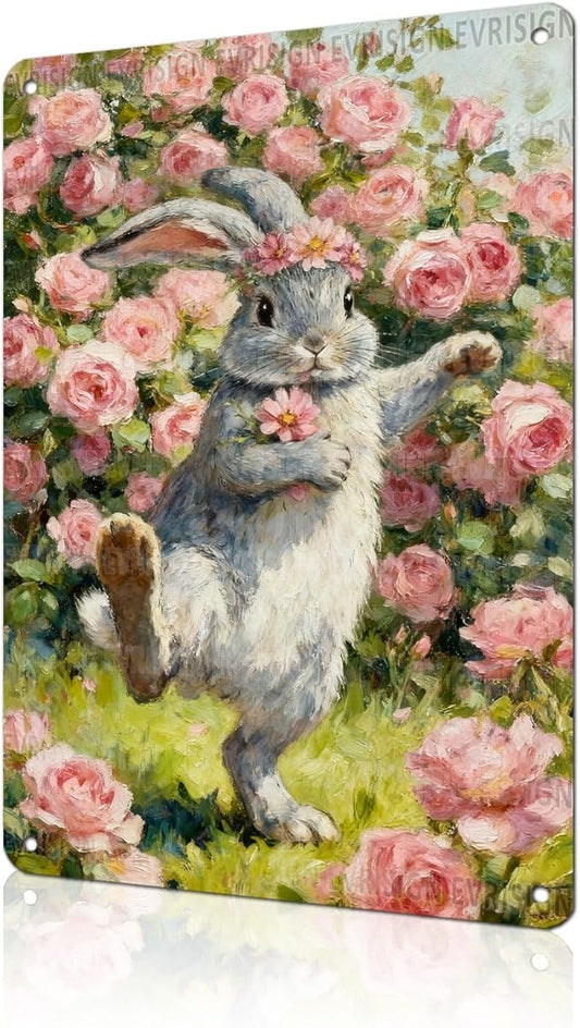 Easter Rabbit Metal Sign Primitive Country Decor Rustic Wall Art For Home Living Room Bedroom Kitchen Spring Bunny Design 8x12Inch