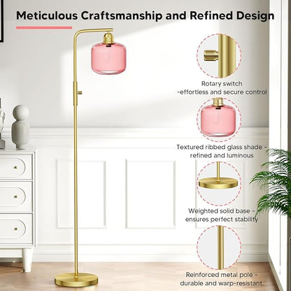 Glass Floor Lamp for Living Room, Modern Standing Lamp with Pink Ribbed Glass Lampshade&Brushed Gold, Stepless Dimmable and Rotary Switch, 66” Tall Lamp & Gold Floor Lamp for Bedroom Study Room, Pink
