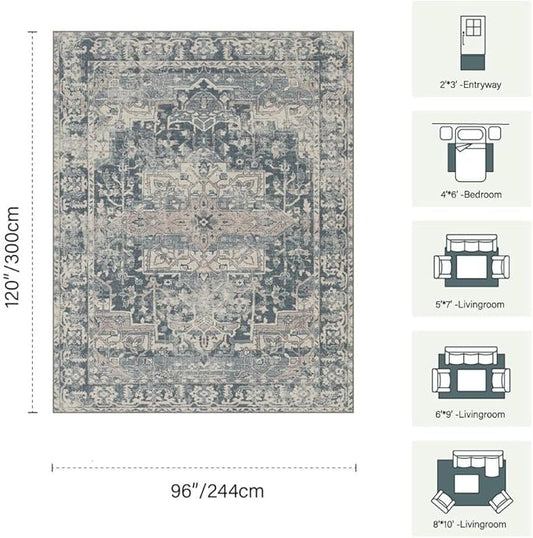 Rugxara 8x10 Area Rugs for Living Room Bedroom, Large Washable Rug, Blue Vintage Retro Boho Rug, Non Slip & Low Pile Faux Wool Thin Carpet for Indoor Dining Room and Kids Room(Blue 8x10ft)