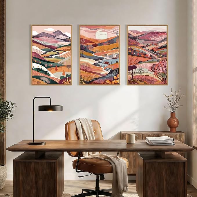 KAIRNE Boho Colorful Mountain Framed Canvas Wall Art Set,Abstract Pink Landscape Wall Decor,Watercolor Forest Art Prints,Nature Scenery Artwork for Living Room,Bedroom,Farmhouse,Office-16 x24 x3