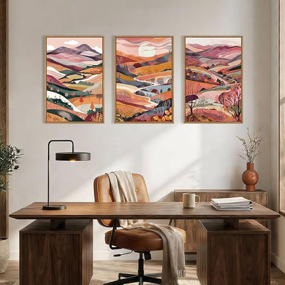 KAIRNE Boho Colorful Mountain Framed Canvas Wall Art Set,Abstract Pink Landscape Wall Decor,Watercolor Forest Art Prints,Nature Scenery Artwork for Living Room,Bedroom,Farmhouse,Office-16 x24 x3