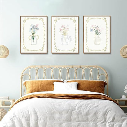 KISSFOX 3 Piece Floral Framed Wall Art Flower Pictures Wall Decor Wildflowers Canvas Wall Art Green Boho Botanical Paintings for Girly Room Bedroom Apartment Dorm Living Room
