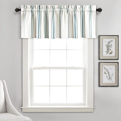 Lush Decor Farmhouse Stripe Yarn Dyed Recycled Cotton Window Curtain Valance, 18" L x 52" W, Blue - Classic Modern Rustic Charm - Eco Friendly Cotton Fabric