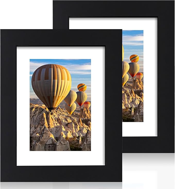iRahmen 6x8 Picture Frame with Mat 4x6 - High Definition Real Glass Wooden Photo Frames for Tabletop Display and Wall Mounting (Pure Black, Set of 2)