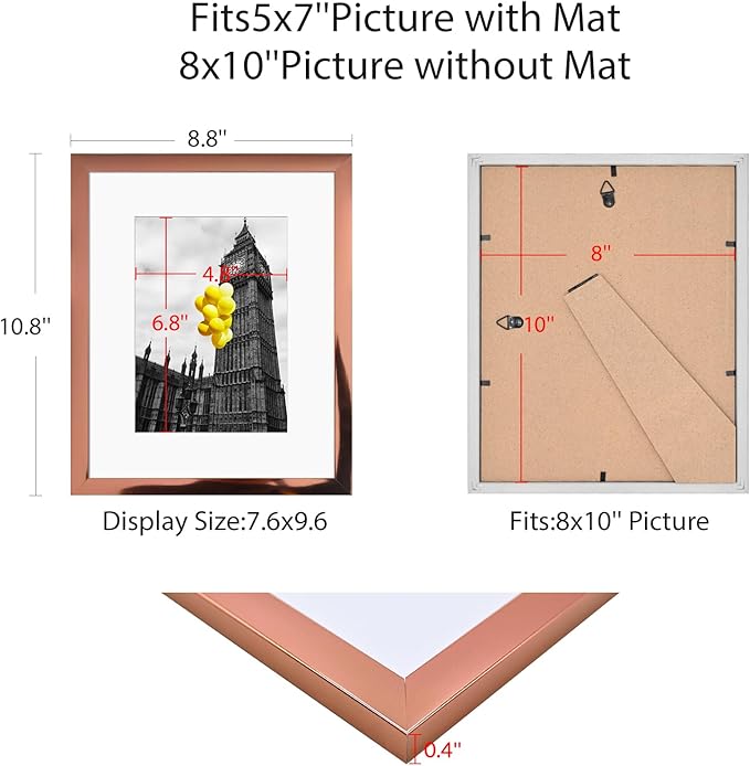 8x10 Picture Frame Set of 6 Rose gold with Plexiglass, Display Pictures 5x7 with Mat or 8x10 Without Mat for Tabletop Display and Wall Mounting