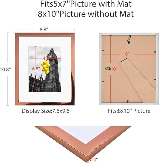 8x10 Picture Frame Set of 6 Rose gold with Plexiglass, Display Pictures 5x7 with Mat or 8x10 Without Mat for Tabletop Display and Wall Mounting