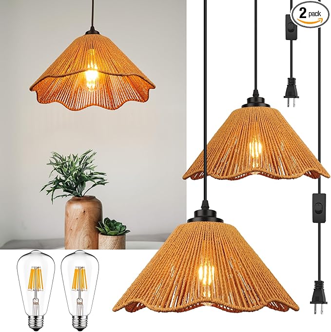 Plug in Pendant Light, Rattan Hanging Lights with Plug in Cord 13FT Hemp Black Cord, On/Off Switch Chandelier for Boho Living Room Bedroom Kitchen（Bulb Included） Brown-12 x 6 inch - 2 Pack